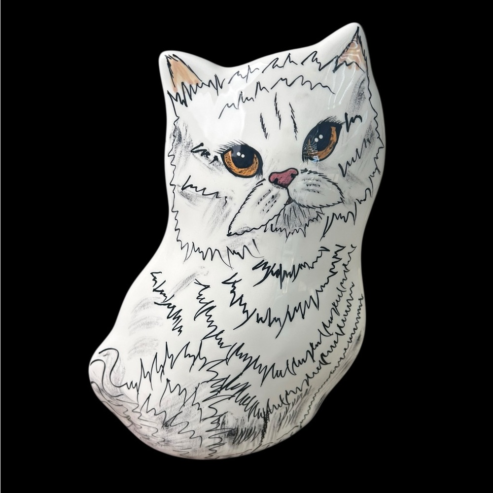 Cats by Nina Lyman Ceramic Vase Planter White & Yellow 8" 2001